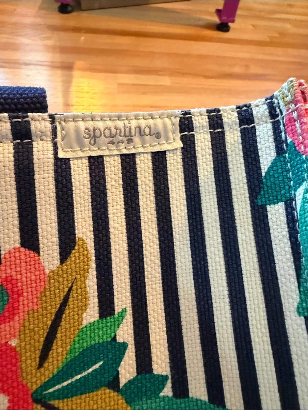 Spartina 449 Large Navy Stripe Floral Tote with Pink & Green Accents